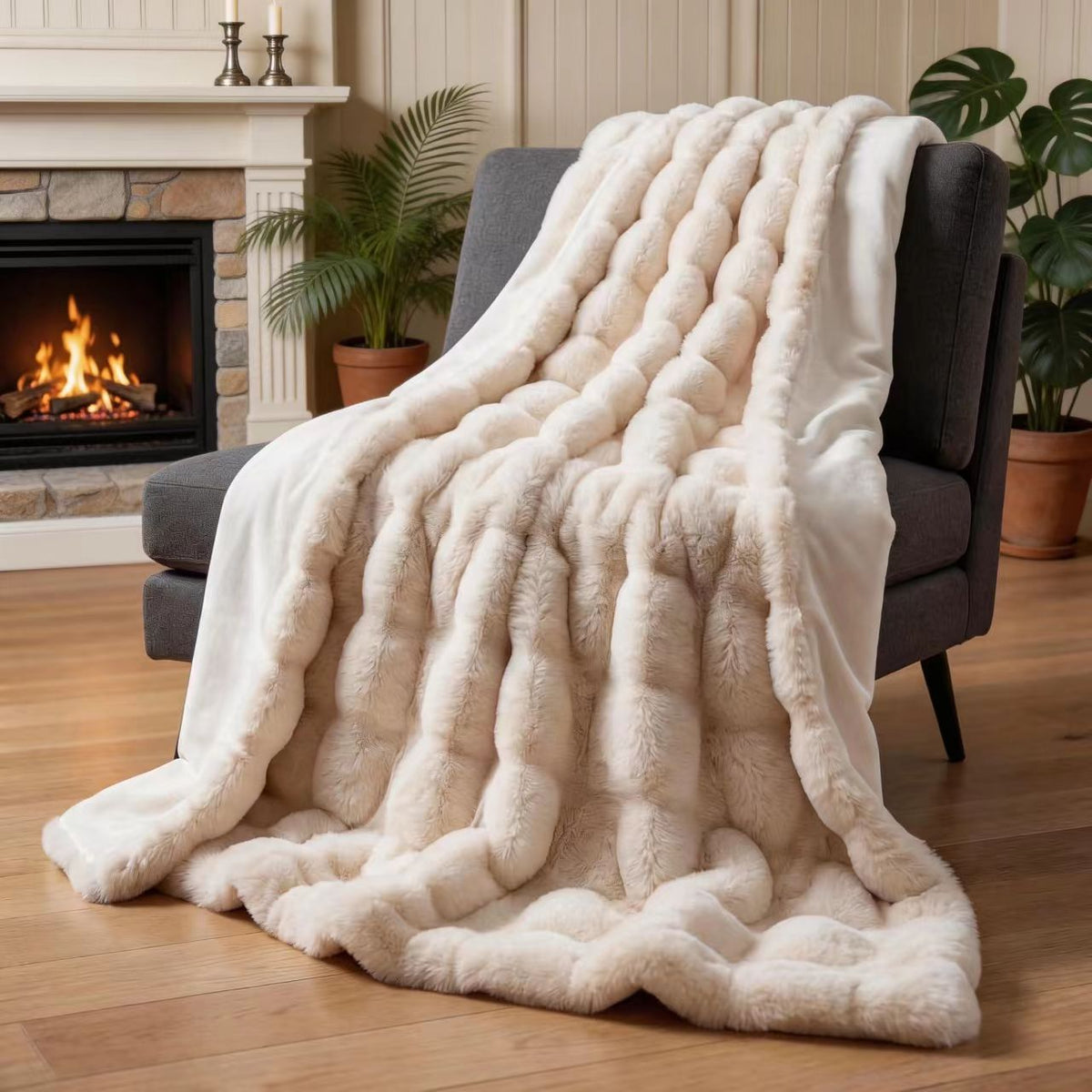 The Sanctuary Throw by HOMYO | 540GSM Faux Rabbit Fur Blanket - Soft Thick Cozy Throw