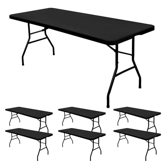 Homyo Stretchy Spandex 6FT Black Tablecloth for 6 Foot Folding Tables Rectangular Fit Washable Protective Cover for Parties Weddings Cocktails Banquets Festivals Indoor Outdoor