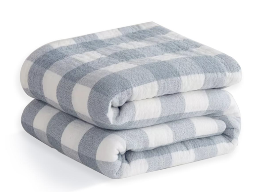 Homyo  Classic Blue Checkered 100% Cotton Blanket, Soft Cozy Breathable Warm, Hypoallergenic Throw Blanket, for Couch Office Bed Camping Travel Multi Purpose, Gift for All Seasons