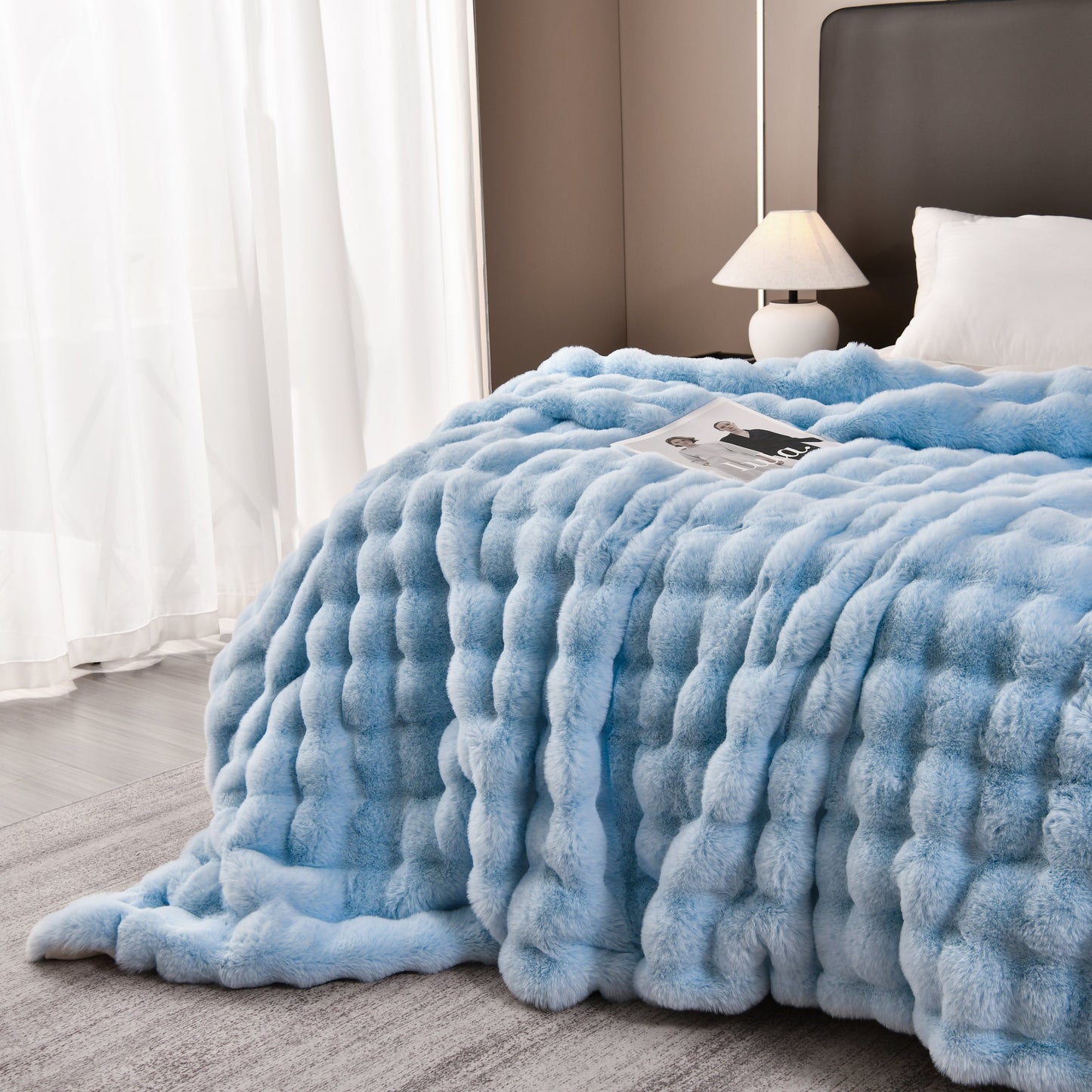 The Sanctuary Throw by HOMYO | 540GSM Faux Rabbit Fur Blanket - Soft Thick Cozy Throw