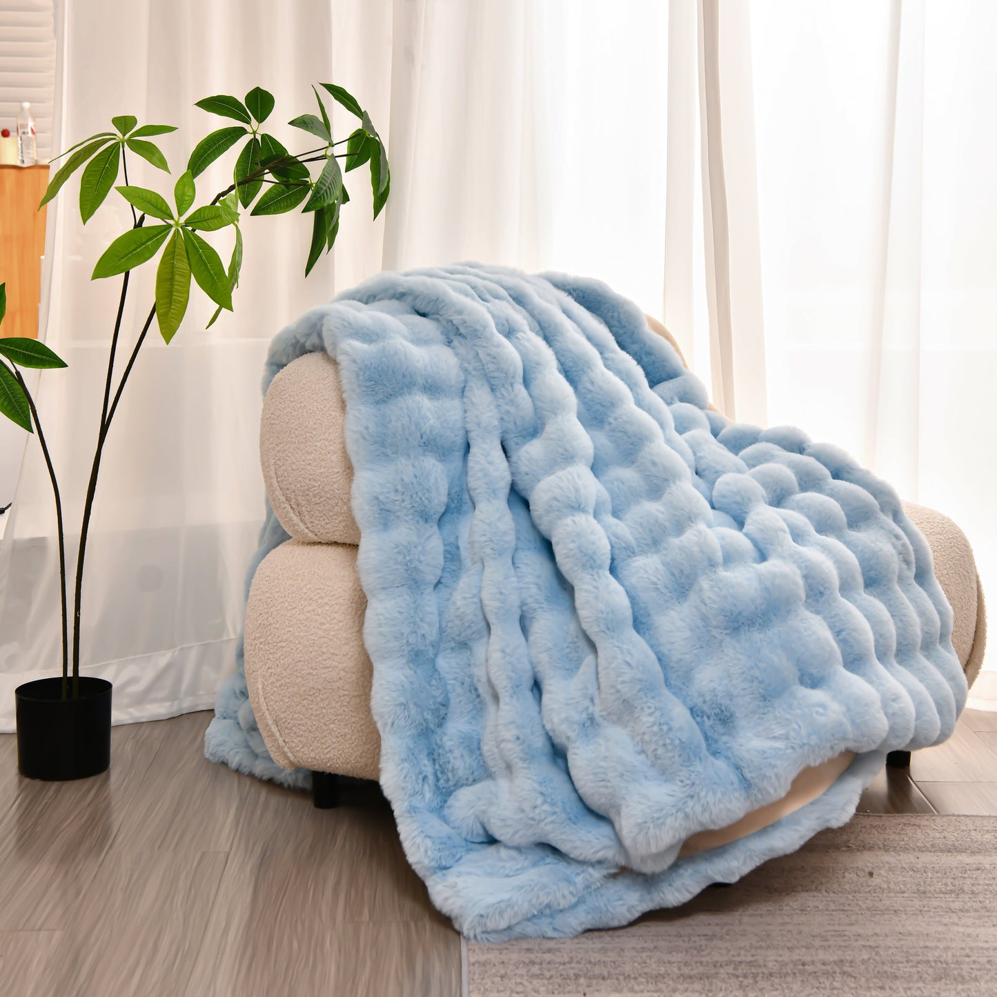 The Sanctuary Throw by HOMYO | 540GSM Faux Rabbit Fur Blanket - Soft Thick Cozy Throw