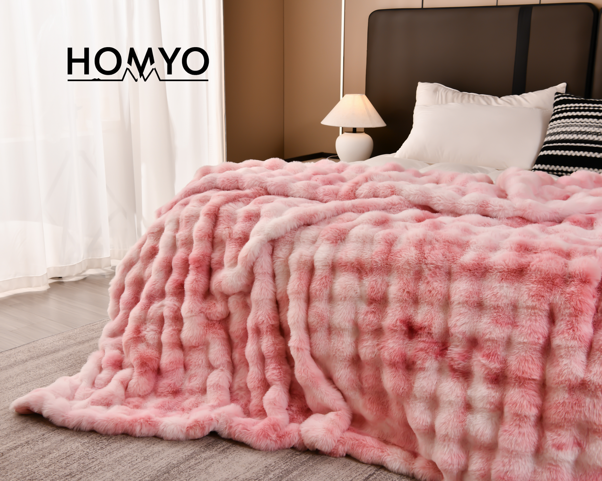 The Sanctuary Throw by HOMYO | 540GSM Faux Rabbit Fur Blanket - Soft Thick Cozy Throw