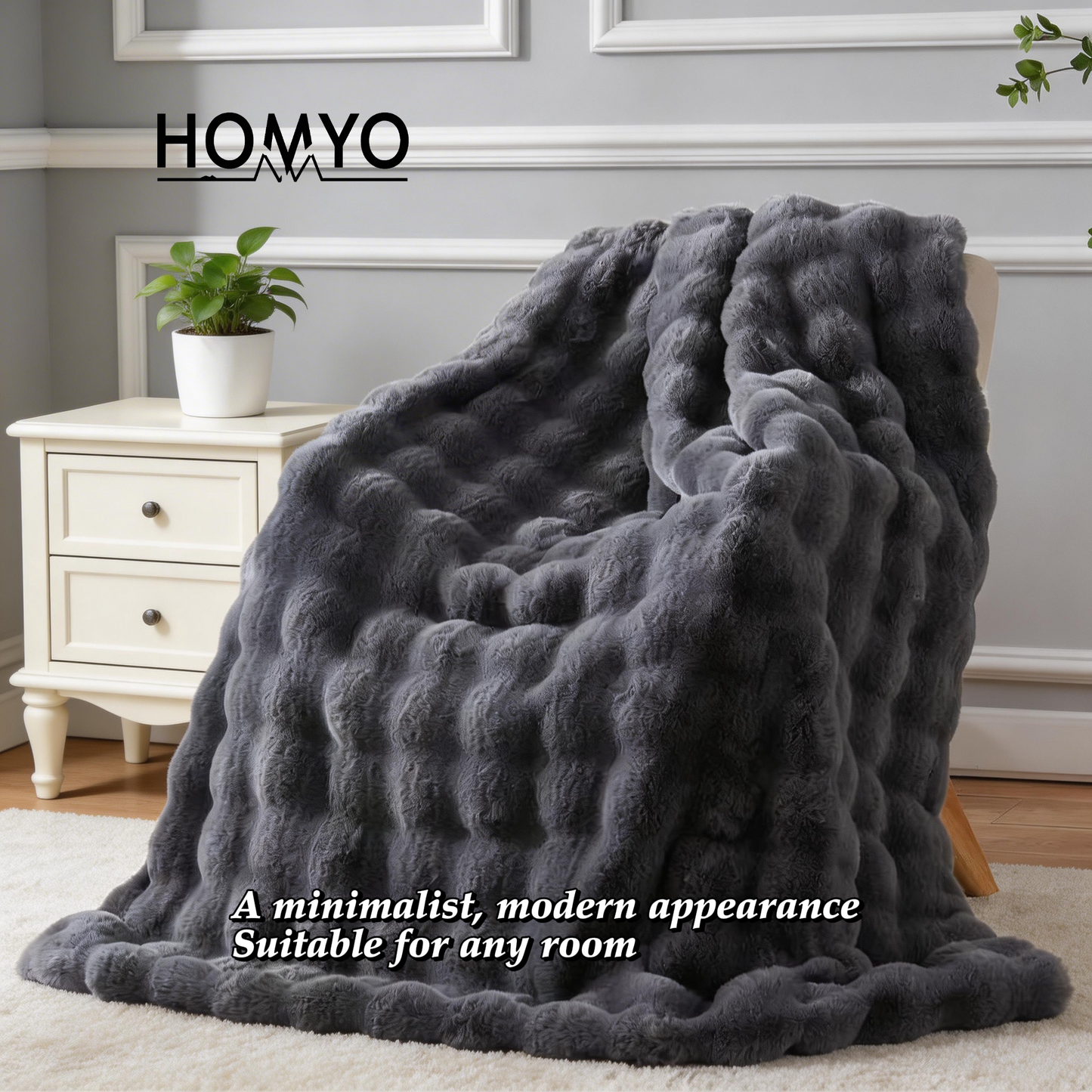 The Sanctuary Throw by HOMYO | 540GSM Faux Rabbit Fur Blanket - Soft Thick Cozy Throw