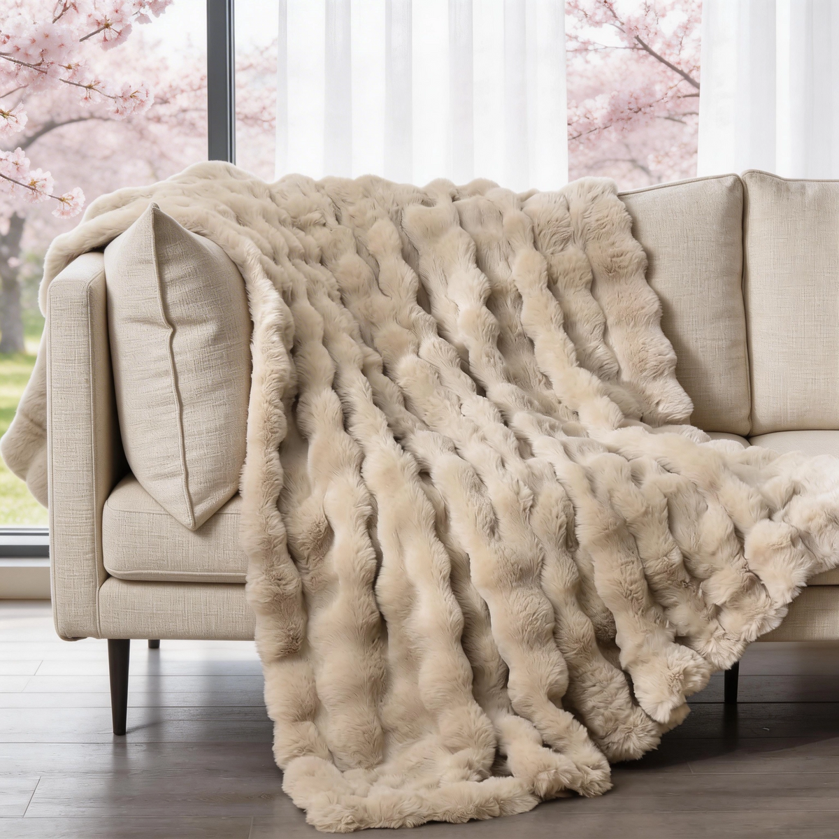 The Sanctuary Throw by HOMYO | 540GSM Faux Rabbit Fur Blanket - Soft Thick Cozy Throw