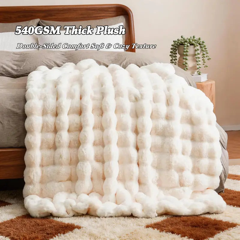 The Sanctuary Throw by HOMYO | 540GSM Faux Rabbit Fur Blanket - Soft Thick Cozy Throw