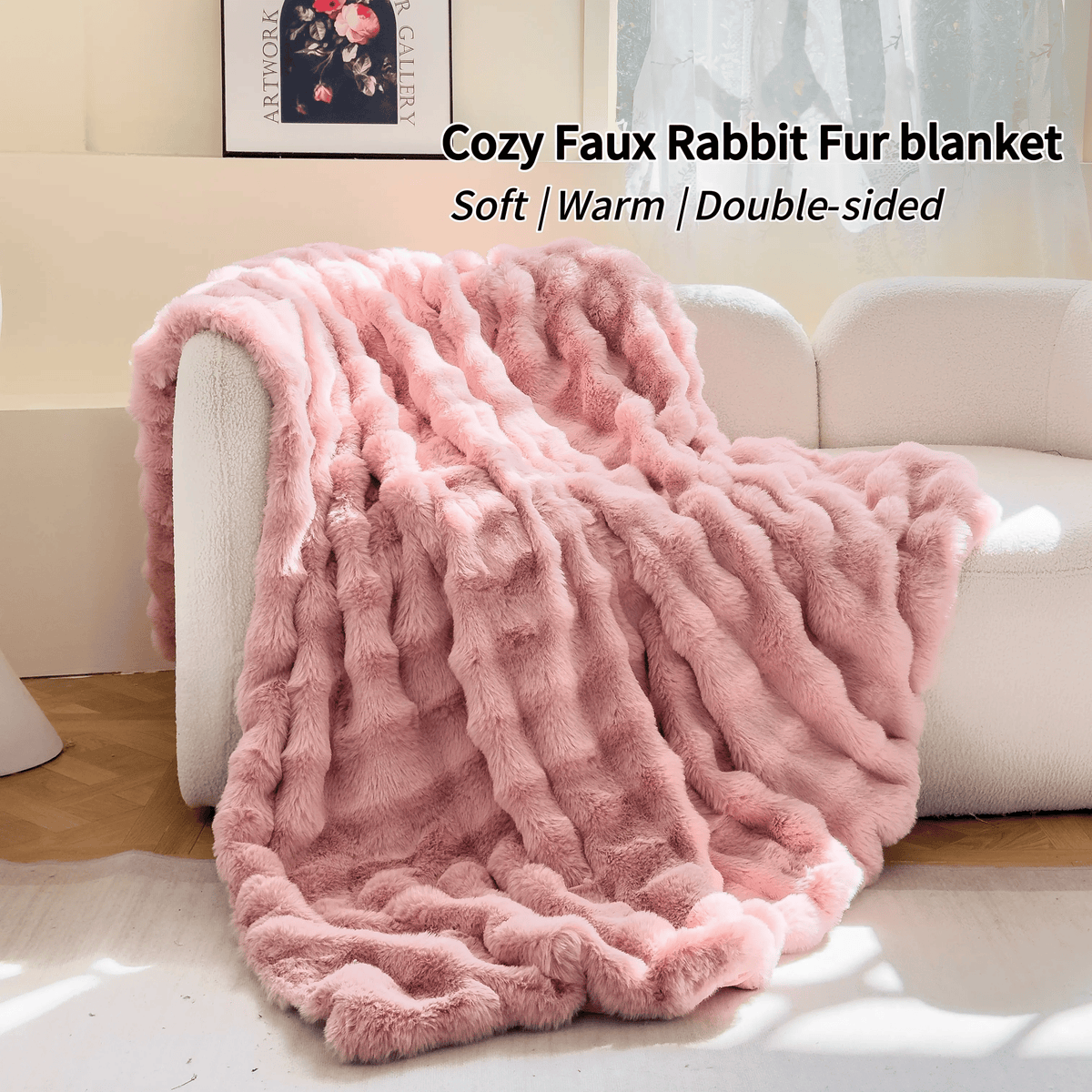 The Sanctuary Throw by HOMYO | 540GSM Faux Rabbit Fur Blanket - Soft Thick Cozy Throw
