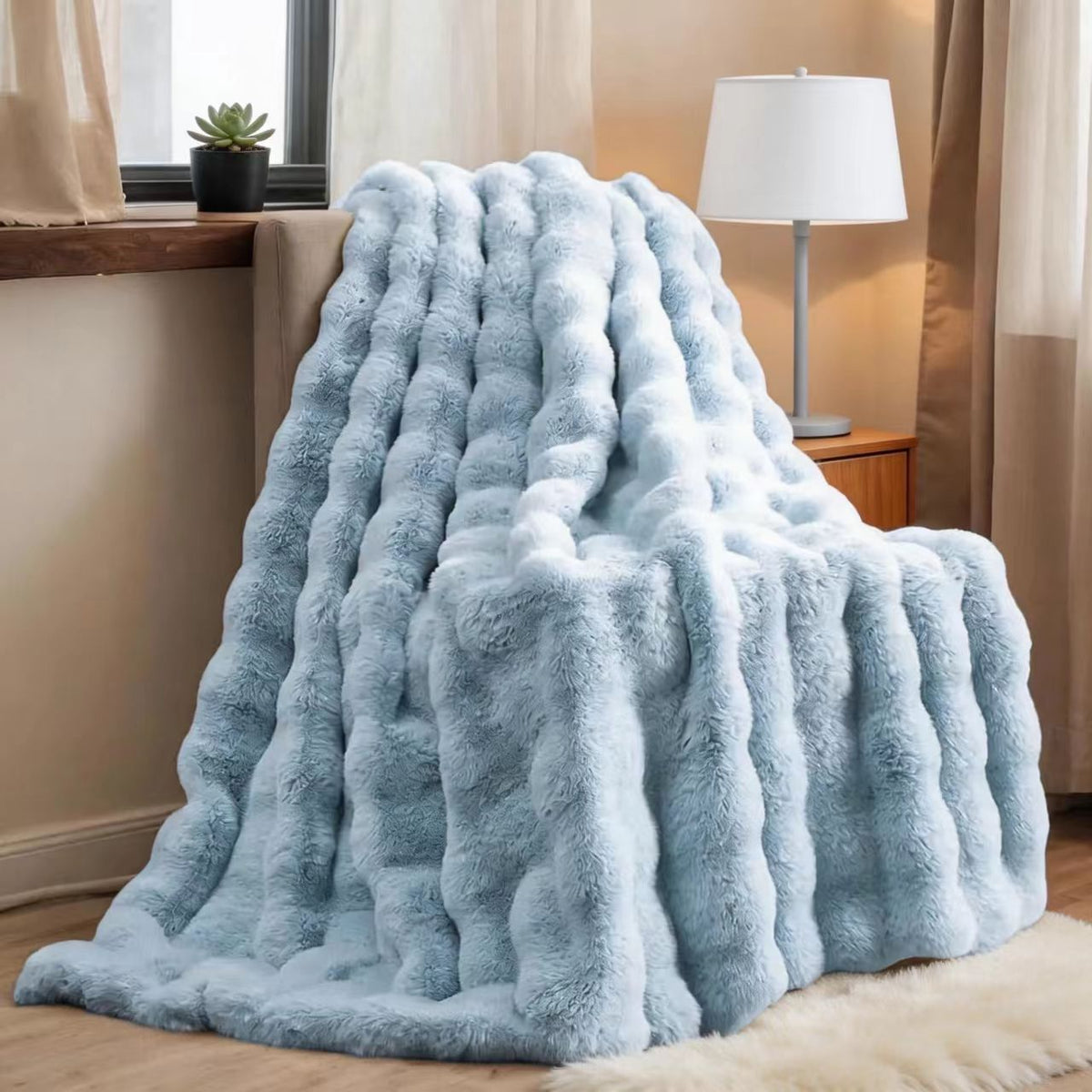 The Sanctuary Throw by HOMYO | 540GSM Faux Rabbit Fur Blanket - Soft Thick Cozy Throw