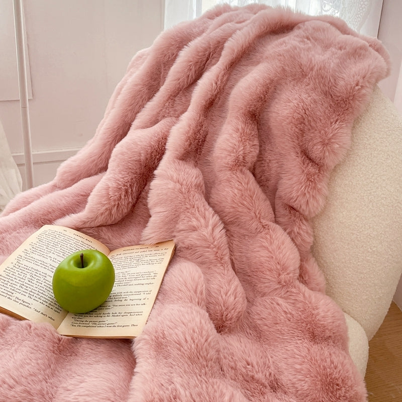 The Sanctuary Throw by HOMYO | 540GSM Faux Rabbit Fur Blanket - Soft Thick Cozy Throw