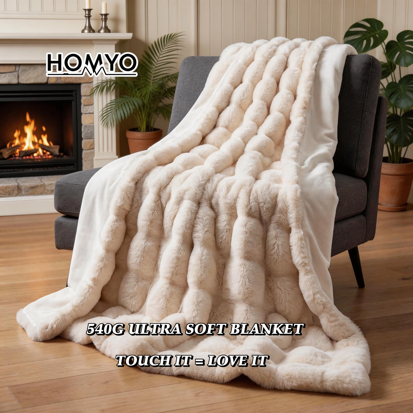 The Sanctuary Throw by HOMYO | 540GSM Faux Rabbit Fur Blanket - Soft Thick Cozy Throw